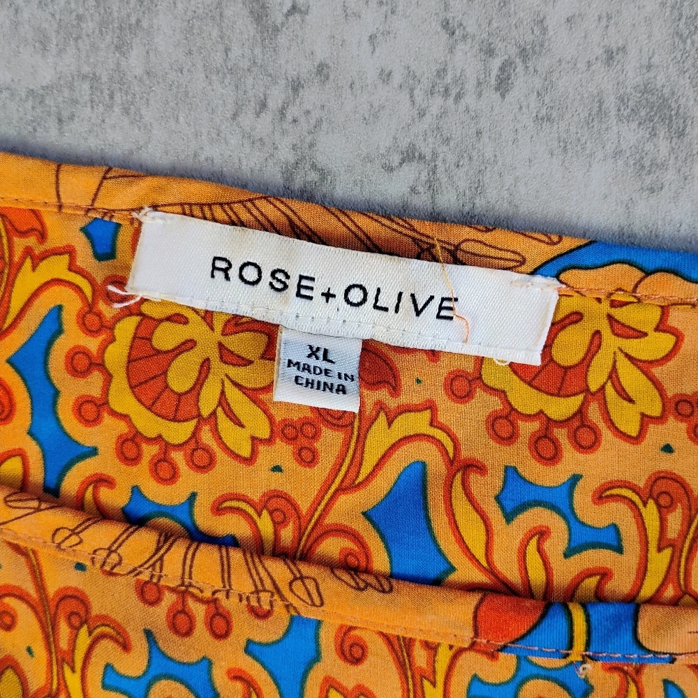 Rose & Olive Floral Top Womens XL Orange‎ Blue Retro Mod Flowy Lightweight - Picture 4 of 9